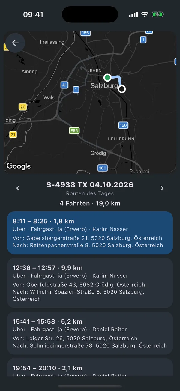قائمة رحلات يوم واحد في تطبيق الويب Meine Taxis مع الأرقام اليومية